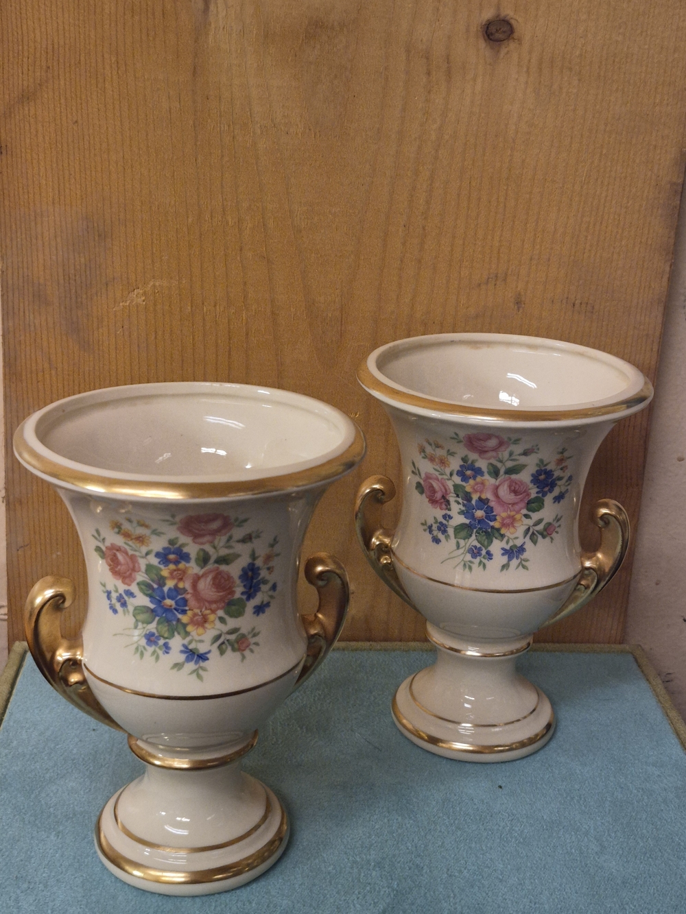 Vintage White and Gold Floral Porcelain Urn Vases - Pair